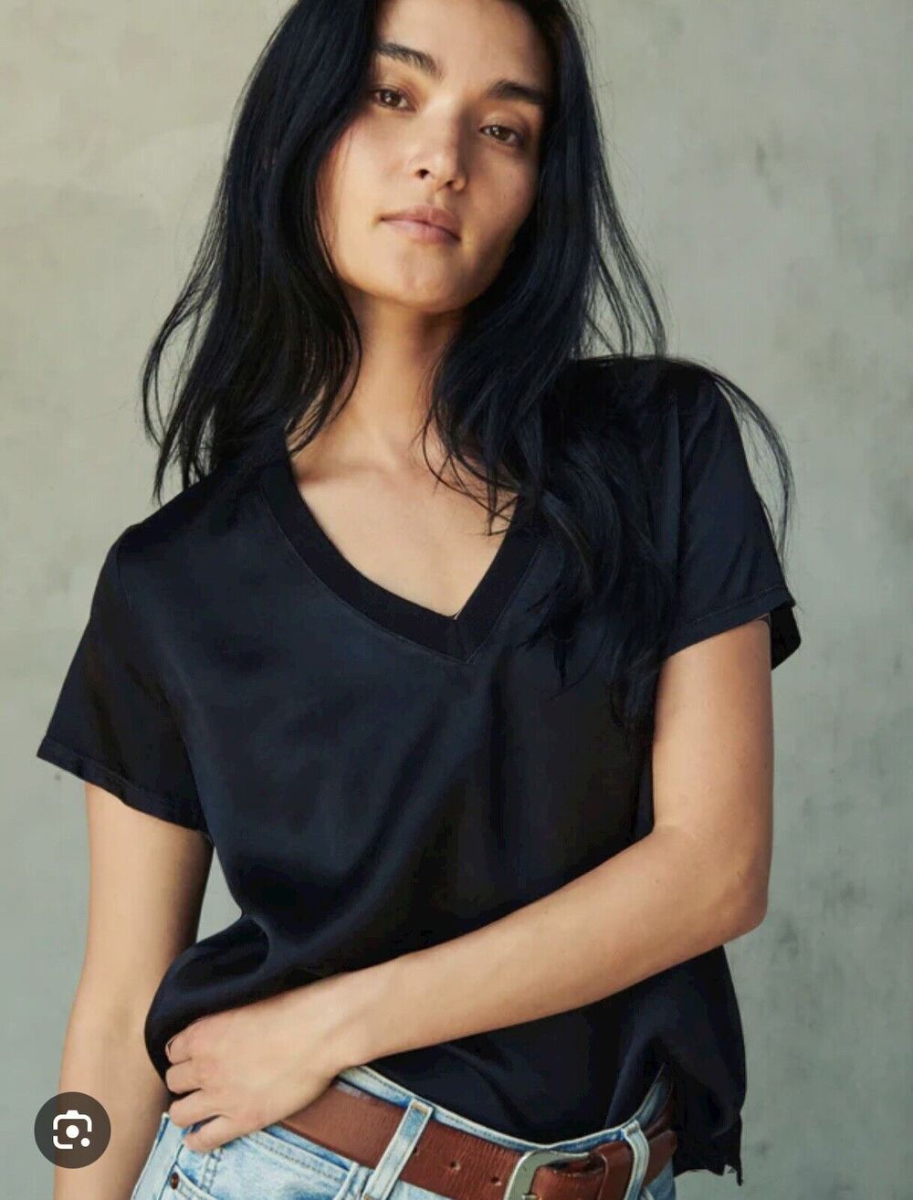 nation ltd viscose black satin v neck short sleeve t shirt june top Small